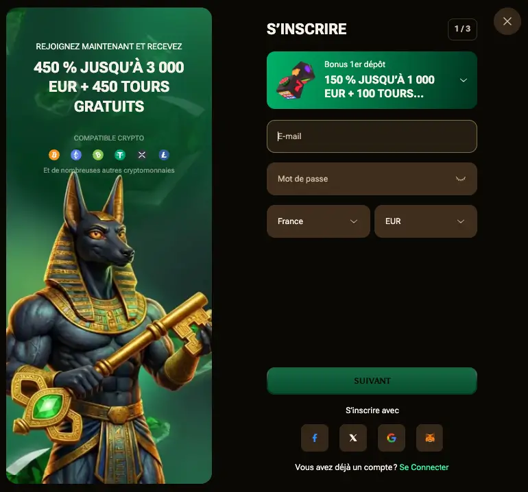 Formulaire d’inscription Amunbet avec France et EUR